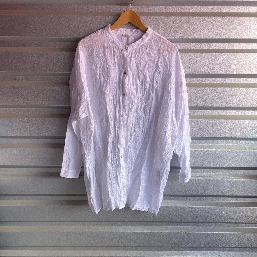 Eileen Fisher Linen Cotton Sheer Check Mandarin Collar Shirt